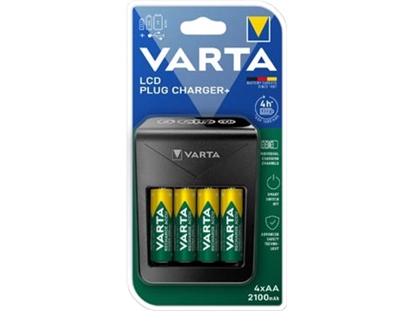 Een Varta batterijlader LCD Plug Charger+, inclusief 4 x AA batterij, op blister koop je bij Muys Kantoor & Kado