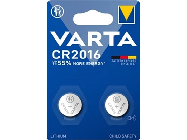 Een Varta knoopcel Lithium CR2016, blister van 2 stuks koop je bij Muys Kantoor & Kado