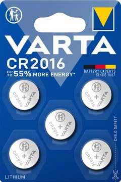 Een Varta knoopcel Lithium CR2016, blister van 5 stuks koop je bij Muys Kantoor & Kado