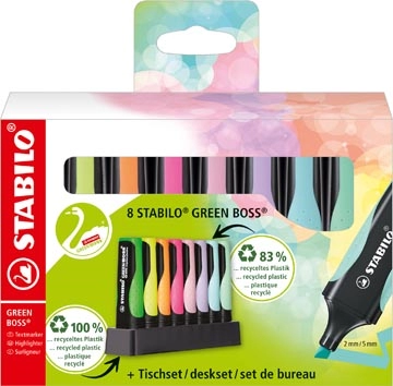 Een STABILO GREENBOSS PASTEL markeerstift, deskset van 8 stuks in geassorterde kleuren koop je bij Muys Kantoor & Kado