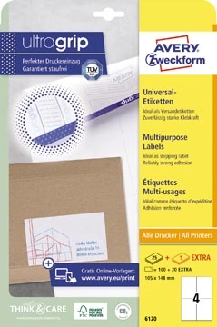 Een Avery Zweckform 6120, Universele etiketten, Ultragrip, wit, 25+5 vel, 4 per vel, 105 x 148 mm koop je bij best4office