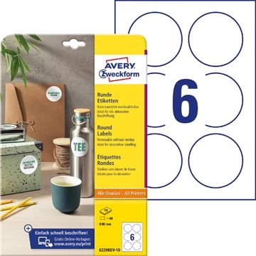 Een Avery Zweckform ronde etiketten, diameter 80 mm, wit, afneembaar, 60 etiketten, 10 vellen koop je bij best4office