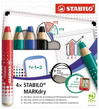 Een Stabilo MARKdry potlood voor whiteboards, etui van 4 stuks in geassorteerde kleuren koop je bij Muys Kantoor & Kado