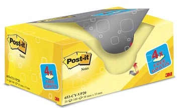 Een Post-it Notes, ft 38 x 51 mm, geel, blok van 100 vel, pak van 16 + 4 gratis koop je bij Muys Kantoor & Kado