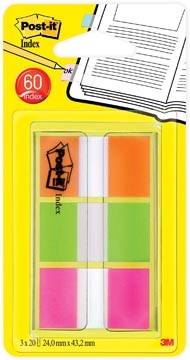 Een Post-it Index standaard, ft 25,4 x 43,2 mm, blister met 3 kleuren, 20 tabs per kleur koop je bij Muys Kantoor & Kado