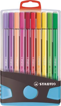 Een STABILO Pen 68 brush, ColorParade, blauw-grijze doos, 20 stuks in geassorteerde kleuren koop je bij best4office