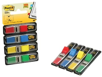 Een Post-it Index Smal, ft 11,9 x 43,2 mm, blister met 4 kleuren, 35 tabs per kleur, 4 + 2 blisters gratis koop je bij Muys Kantoor & Kado