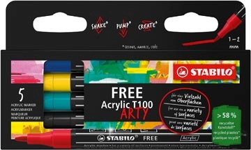 Een STABILO free acrylmarker T100 Royal, ronde punt, 1-2 mm, geassorteerde kleuren, pak van 5 stuks koop je bij Muys Kantoor & Kado