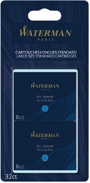 Een Waterman inktpatronen Standard Long, blauw (Serenity), blister van 32 stuks koop je bij Muys Kantoor & Kado