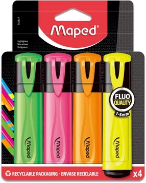 Een Maped markeerstift Fluo'Peps Classic etui van 4 stuks: geel, oranje, roze en groen koop je bij best4office