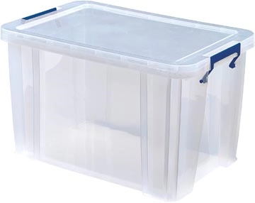 Een Bankers Box opbergdoos 26 liter, transparant met blauwe handvaten, per stuk verpakt in karton koop je bij best4office