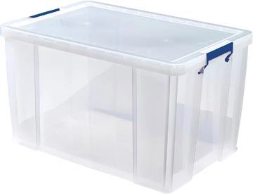 Een Bankers Box opbergdoos 85 liter, transparant met blauwe handvaten, per stuk verpakt in karton koop je bij best4office