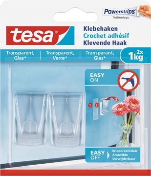 Een Tesa Klevende haak voor Transparant en Glas, draagvermogen 1 kg, blister van 2 stuks koop je bij Muys Kantoor & Kado