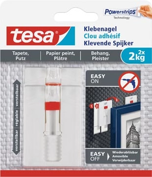 Een Tesa Klevende Spijker voor Behang en Pleisterwerk , verstelbaar, draagvermogen 2 kg, blister van 2 stuks koop je bij Muys Kantoor & Kado