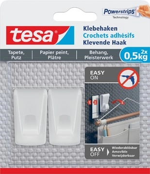 Een Tesa Klevende Haak, draagkracht 0,5 kg, behang en pleisterwerk, wit, 2 haken en 3 strips koop je bij Muys Kantoor & Kado