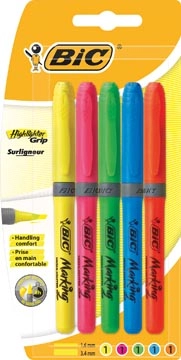 Een Bic markeerstift Highlighter Grip, blister van 5 stuks in geassorteerde kleuren koop je bij Muys Kantoor & Kado