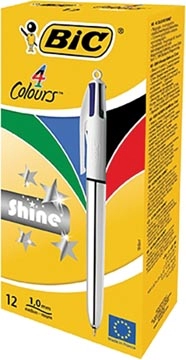 Een Bic Colours Shine 4-kleurenbalpen, medium, klassieke inktkleuren, lichaam zilver koop je bij Muys Kantoor & Kado