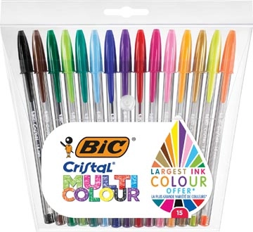 Een Bic balpen Cristal Multicolour, etui van 15 stuks in geassorteerde kleuren koop je bij Muys Kantoor & Kado