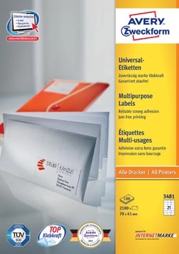 Een Avery Zweckform 3481, Universele etiketten, Ultragrip, wit, 100 vel, 21 per vel, 70 x 41 mm koop je bij best4office