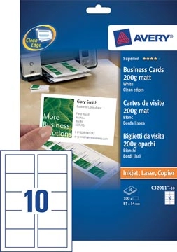 Een Avery visitekaarten 200 g/m², Ft 85 x 54 mm (10 per blad), doos van 10 blad koop je bij Muys Kantoor & Kado