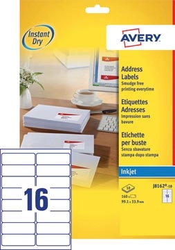 Een Avery J8162-10 adresetiketten ft 99,1 x 33,9 mm (b x h), 160 etiketten, wit koop je bij best4office