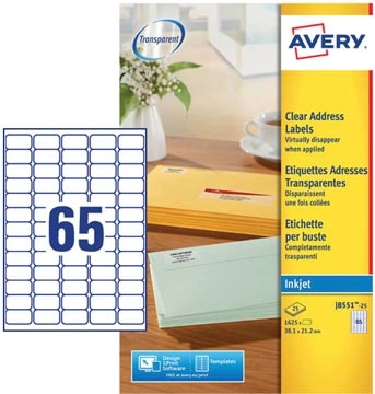 Een Avery J8551-25 mini etiketten ft 38,1 x 21,2 mm (b x h), 1.625 etiketten, transparant koop je bij best4office