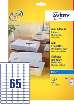 Een Avery J8651-10 mini etiketten ft 38,1 x 21,2 mm (b x h), 650 etiketten, wit koop je bij best4office