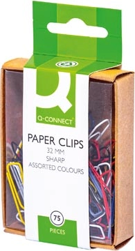 Een Q-CONNECT papierklemmen, 32 mm, doos van 75 stuks, ophangbaar, geassorteerde kleuren. koop je bij best4office