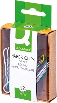 Een Q-CONNECT papierklemmen, 50 mm, gekleurd, doos van 30 stuks, ophangbaar koop je bij best4office