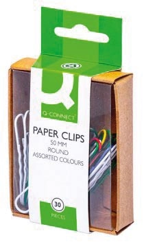 Een Q-CONNECT papierklemmen, 50 mm, gekleurd, doos van 30 stuks, ophangbaar koop je bij best4office