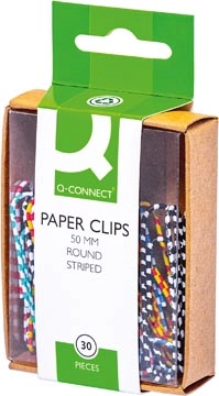 Een Q-CONNECT papierklemmen, 50 mm, doos van 30 stuks, gestreept in wit en geassorteerde kleuren koop je bij best4office