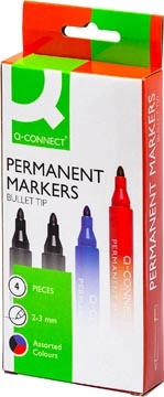 Een Q-CONNECT permanente marker, 2-3 mm, ronde punt, geassorteerde kleuren, etui van 4 stuks koop je bij Muys Kantoor & Kado