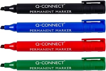 Een Q-CONNECT permanente marker, 2-5 mm, schuine punt, geassorteerde kleuren, etui van 4 stuks koop je bij Muys Kantoor & Kado