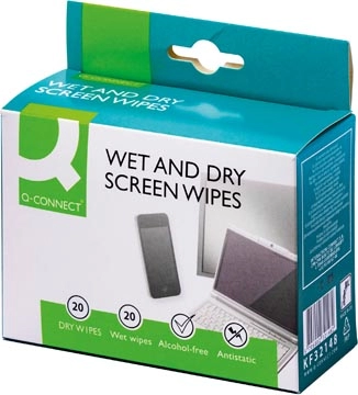 Een Q-CONNECT Wet & Dry beeldschermreinigingsdoekjes, doos van 20 paar (1 Wet en 1 Dry) koop je bij best4office