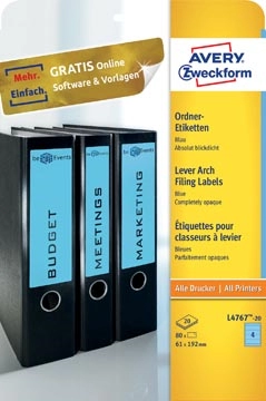 Een Avery Zweckform L4767-20 ordnerrugetiketten ft 19,2 x 6,1 cm (b x h), 80 etiketten, blauw koop je bij best4office