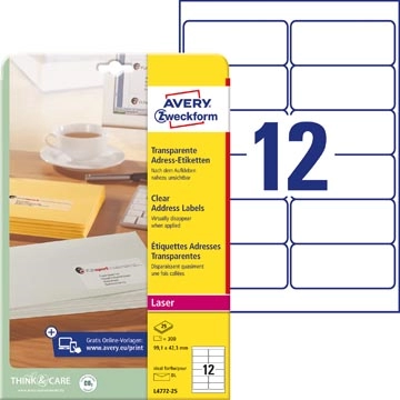 Een Avery transparante etiketten QuickPEEL ft 99,1 x 42,3 mm (b x h), 300 stuks, 12 per blad koop je bij best4office