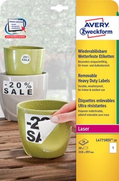 Een Avery afneembare weerbestendige etiketten ft 210 x 297 mm (b x h), wit, doos van 20 etiketten koop je bij best4office