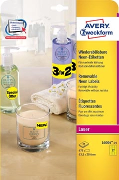 Een Avery afneembare neon etiketten ft 63,5 x 29,6 mm (b x h), doos van 675 stuks (25 vel van 27), neongeel koop je bij best4office