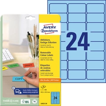 Een Avery afneembare gekleurde etiketten ft 63,5 x 33,9 mm (b x h), 480 stuks, 24 per blad, blauw koop je bij best4office