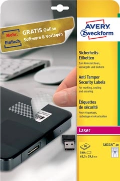 Een Avery bestendige veiligheidsetiketten, ft 63,5 x 29,6 mm, 540 stuks, 27 per vel, doos van 20 vel koop je bij best4office