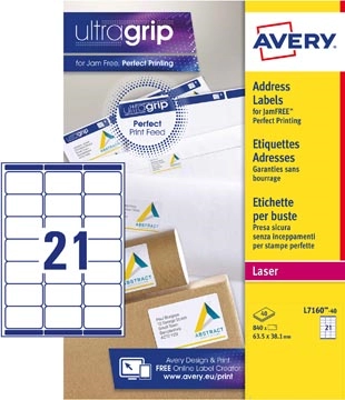 Een Avery L7160, Adresetiketten, Laser, Ultragrip, wit, 40 vellen, 21 per vel, 63,5 x 38,1 mm koop je bij best4office