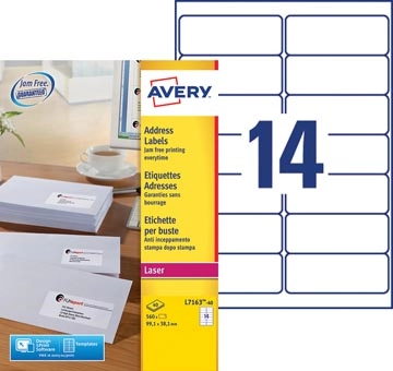 Een Avery L7163, Adresetiketten, Laser, Ultragrip, wit, 40 vellen, 14 per vel, 99,1 x 38,1 mm koop je bij best4office