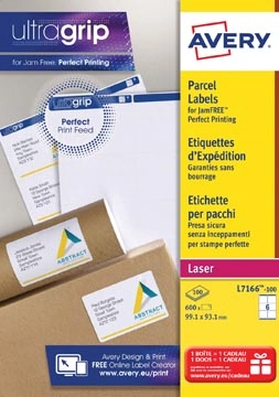 Een Avery L7166, Verzendetiketten, Laser, Ultragrip, wit, 100 vellen, 6 per vel, 99,1 x 93,1 mm koop je bij best4office