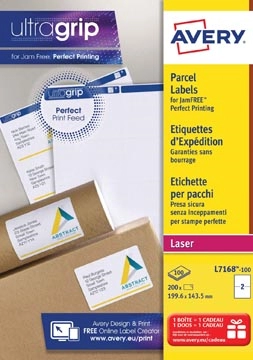 Een Avery L7168, Verzendetiketten, Laser, Ultragrip, wit, 100 vellen, 2 per vel, 199,6 x 143,5 mm koop je bij best4office