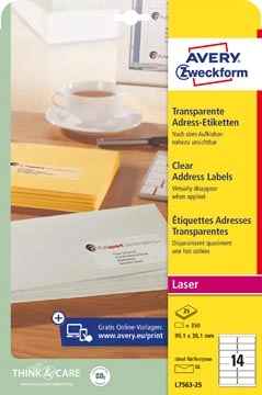 Een Avery transparante etiketten QuickPEEL ft 99,1 x 38,1 mm (b x h), 350 stuks, 14 per blad koop je bij best4office