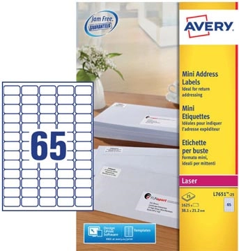 Een Avery L7651-25 mini adresetiketten ft 38,1 x 21,2 mm (b x h), 1.625 etiketten, wit koop je bij best4office