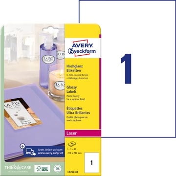 Een Avery Etiketten hoogglanzend ft 210 x 297 mm (b x h), doos van 40 blad, 40 stuks koop je bij best4office