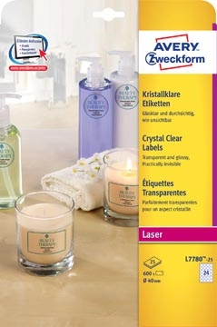 Een Avery transparante Crystal Clear etiketten diameter 40 mm, 600 etiketten, 24 per vel koop je bij best4office