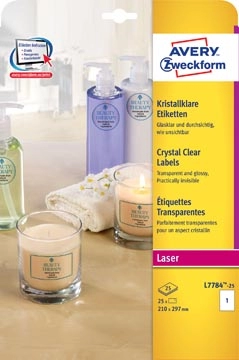 Een Avery transparante Crystal Clear etiketten ft 210 x 297 mm, 25 etiketten, 1 per vel koop je bij best4office