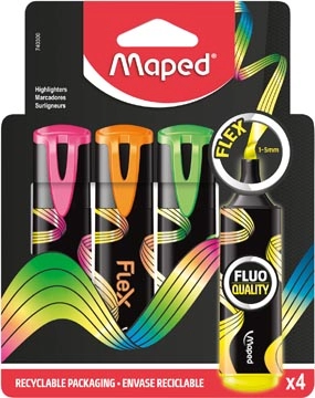 Een Maped Fluo'Peps Flex markeerstift, assorti, doosje van 4 stuks koop je bij Muys Kantoor & Kado